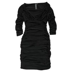 Norma Kamali Ruched Bodycon Midi Dress Black Medium Minimalist Cocktail‎ LBD